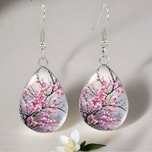 Cherry Blossom Floral Teardrop Fish Hook Earrings